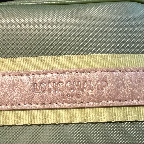 Longchamp Paris Blue Vinyl Crossbody Purse Brown Adjustable Strap Yellow Trim - Picture 3 of 8